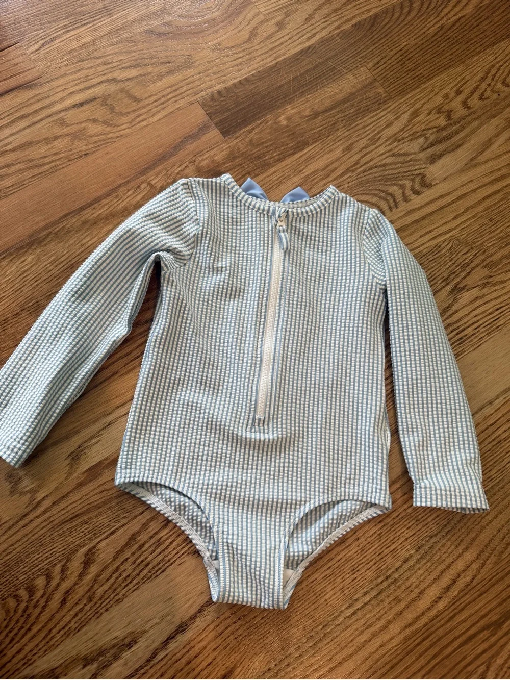 H&M cute  Long Sleeve Ribbed One-Piece Swimsuit in Light Blue and White 18M / 2T